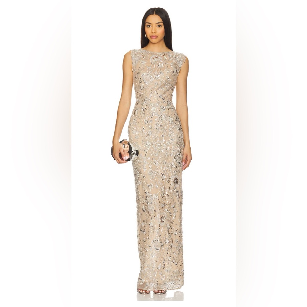 Bronx and Banco Violet Bead & Sequin Floral-Embroidered Gown